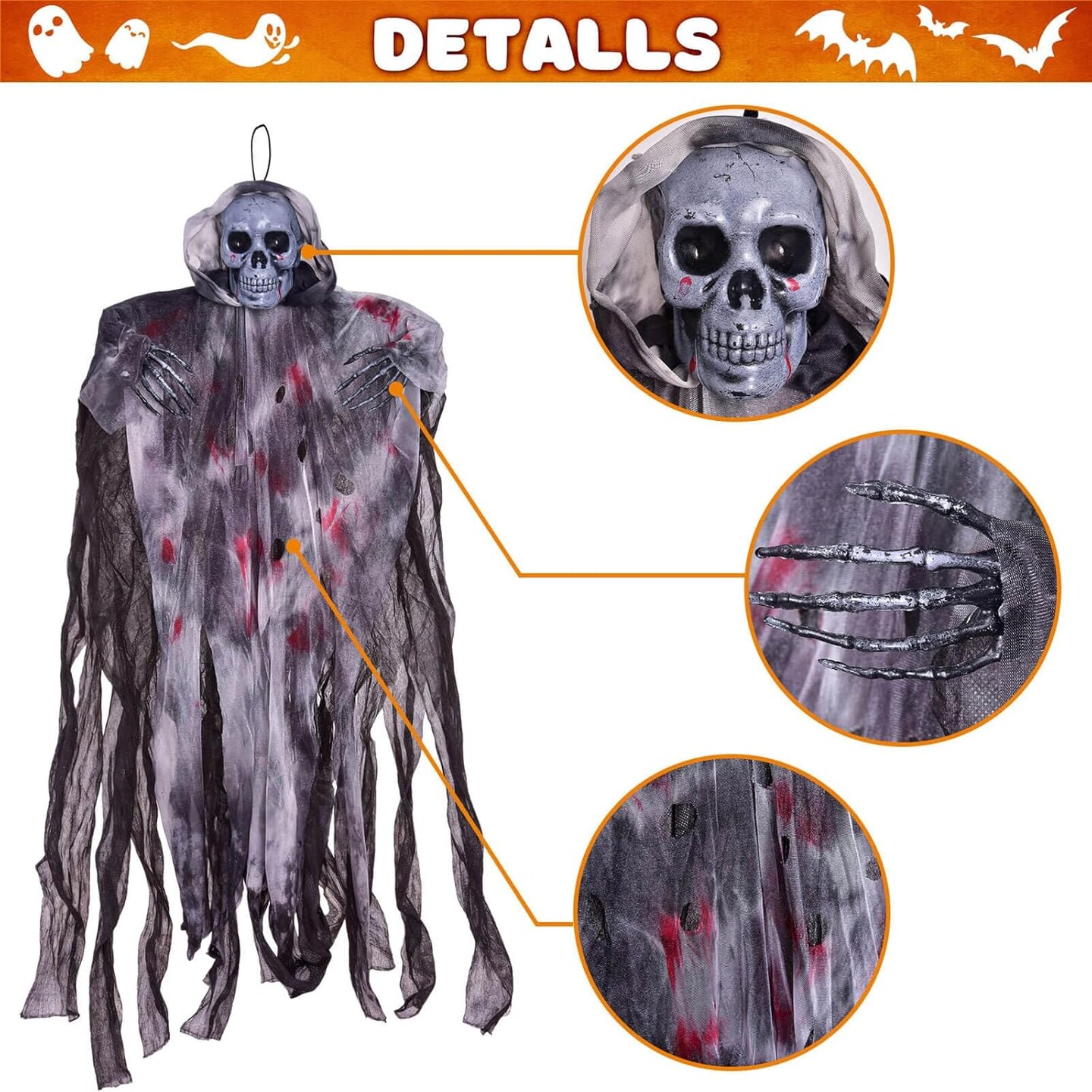 3Pack Halloween Decorations Outdoor - Hanging Halloween Decoration with 35.4&#x201D; Hanging Ghost Witch &#x26; Grim Reapers &#x26; Ghost Pumpkin for Halloween Outdoor Indoor Decor