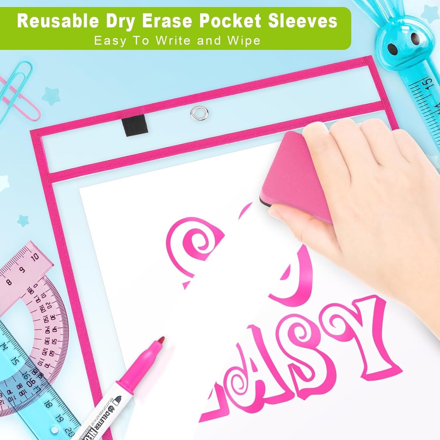 Dry Pockets with 2 Rings, 10 X 14 Oversized Reusable Dry Erase Pocket Sleeves in 10 Colors Bulk, Plastic Clear Sheet Protectors for Classroom School Teacher Supplies Storage
