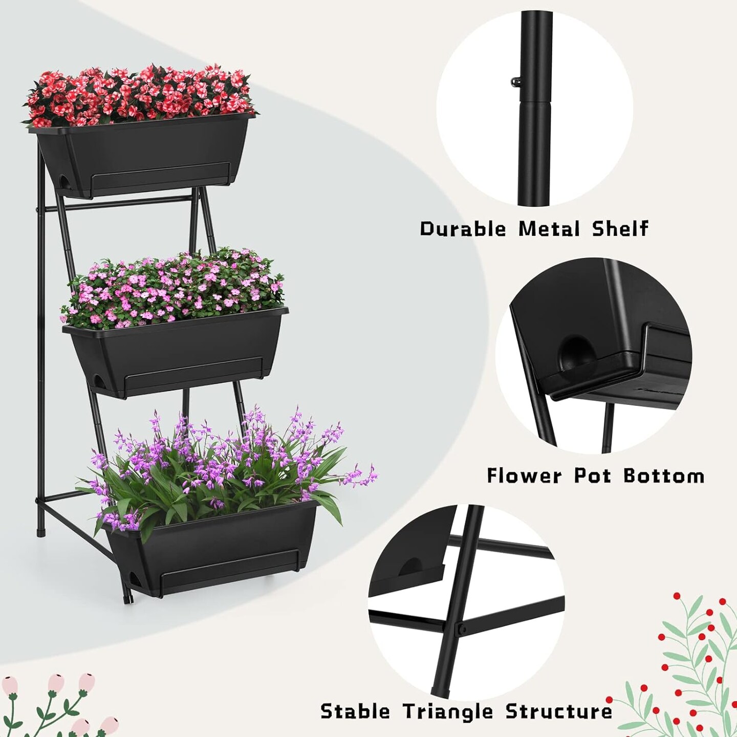Vertical Raised Garden Bed Outdoor 3 Tiered Garden Planters Standing Elevated Planter Box with Drainage Holes for Plants Herbs Flowers Vegetables Brick