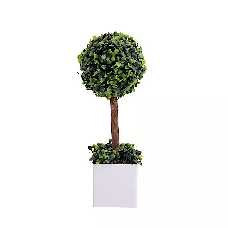 16" White Green Plastic Planter Pot Artificial Boxwood Topiary Ball Tree Party