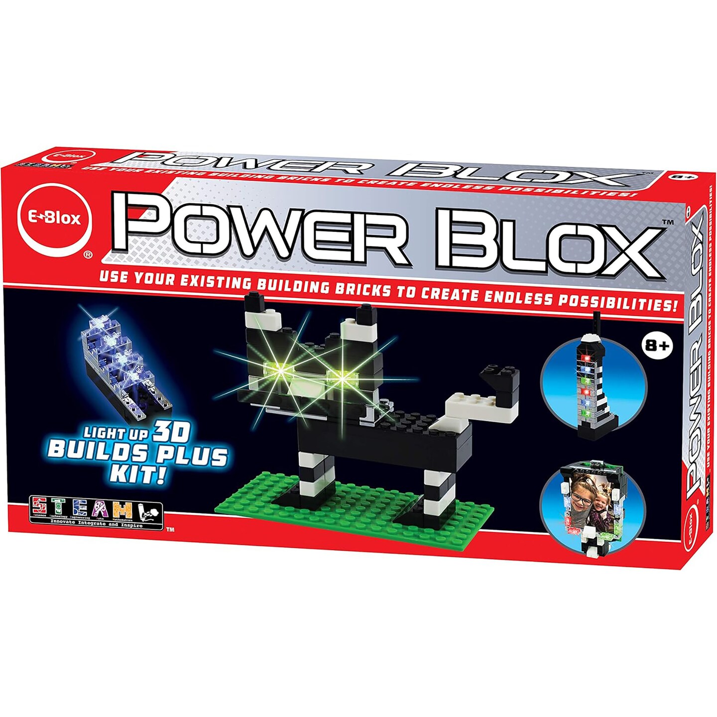 E-Blox: Power Blox: BYO Glowing Cat Sculpture - 3D Light-Up Plus Kit, Stacking Bricks &#x26; LED Set, Build Your Own, DIY Blocks STEM Toy, Kids Ages 8+