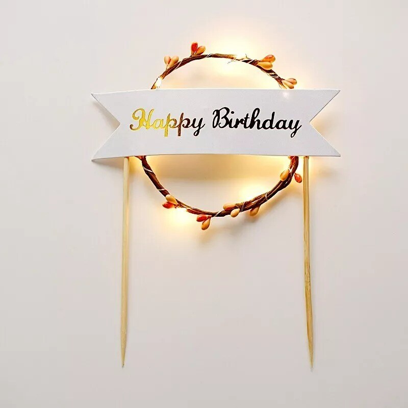 7&#x22; tall White and Brown Happy Birthday LED Cake Topper Party Home Decorations