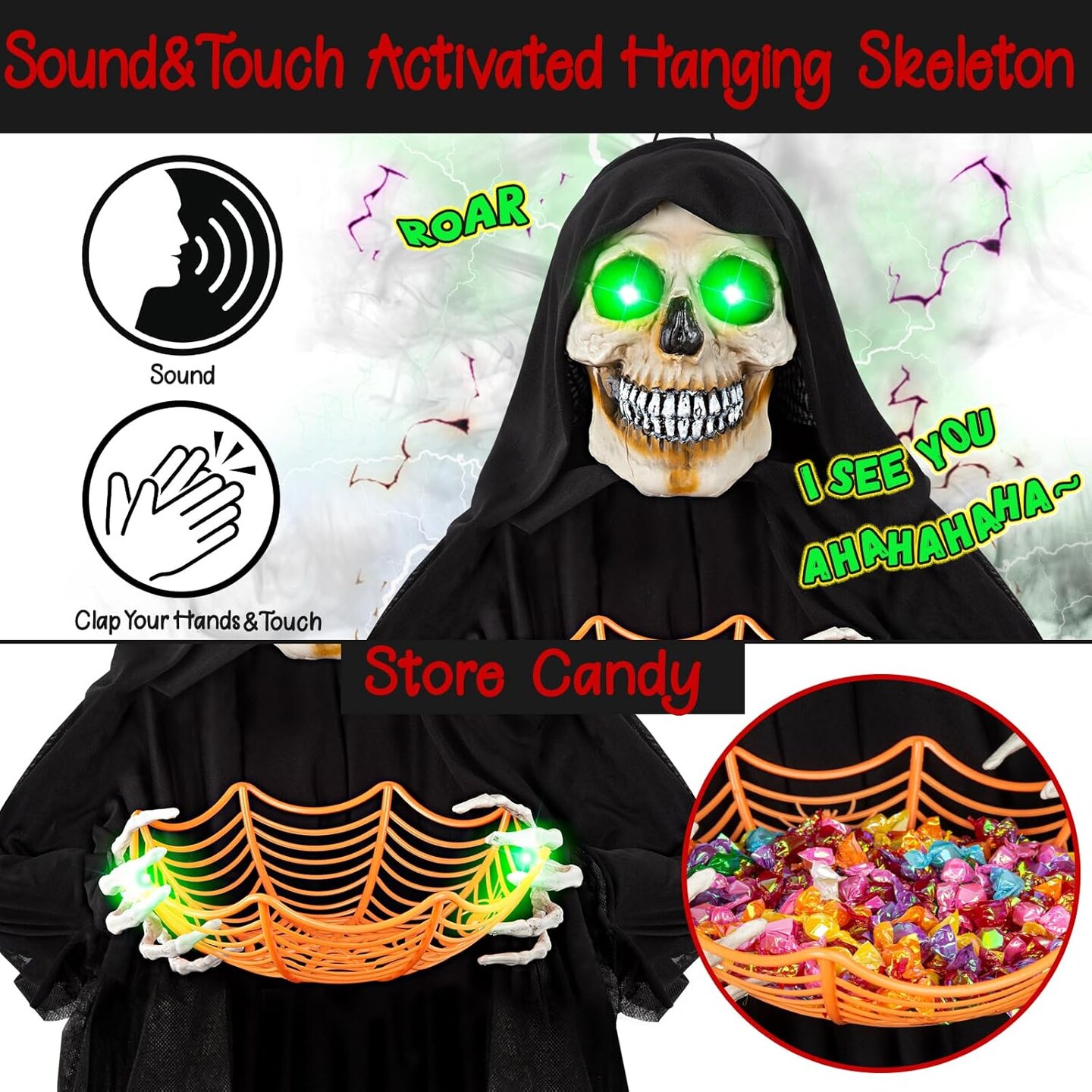 71&#x201D; Halloween Hanging Animated Skeleton Ghost Decoration with Sound Activated, Candy Dish, Glowing Eyes, Spooky Sounds for Halloween Haunted House Prop and Party Decor, Indoor/Outdoor Display
