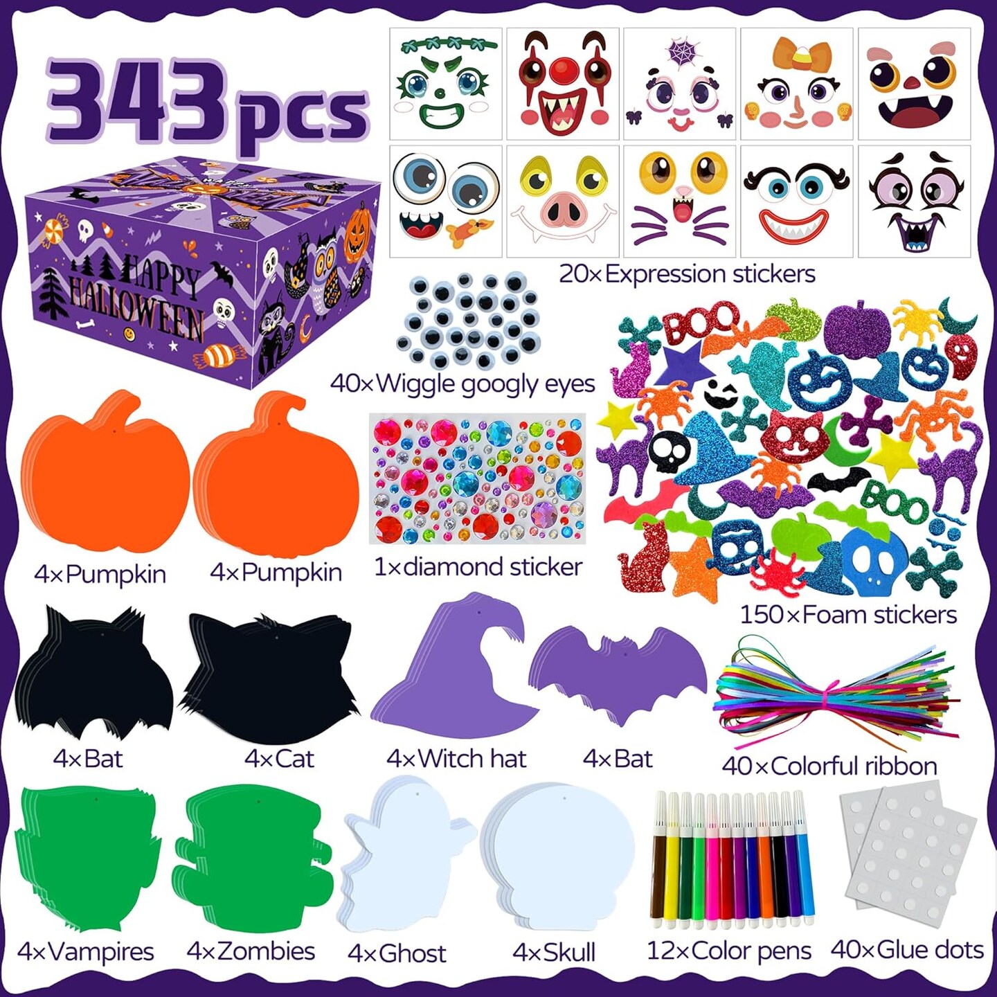 343Pcs Foam Stickers Set, Halloween Activities Art DIY Craft Kits Bulk Decorations Party Favors Supplies for Girls Boys Adult