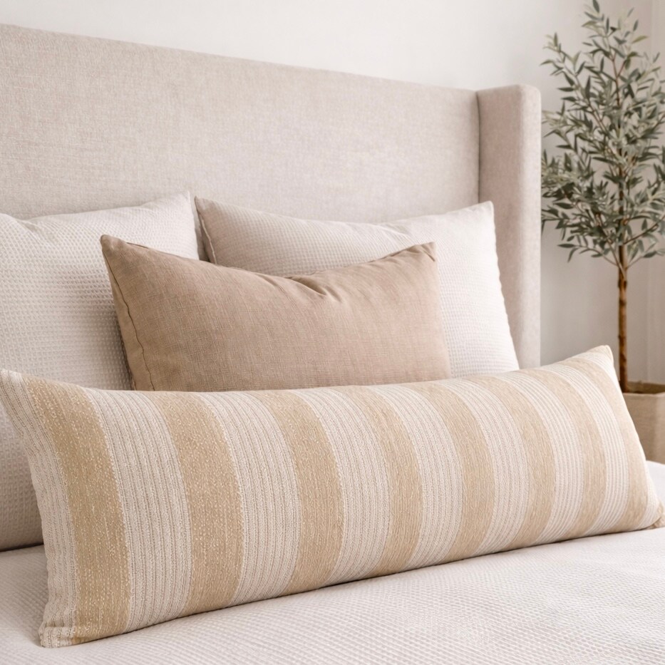 Oversized Lumbar Pillow Cover 12x36, Neutral Striped Throw Pillow, Beige and Cream Woven Bed Pillow, Modern Farmhouse Decor