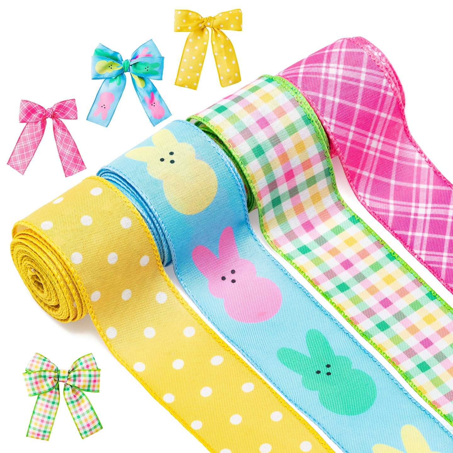 4PCS Easter Spring Pastel Wired Ribbon Rolls, Easter Bunny Wired Edge Ribbons, Decorative Wrapping Ribbon for Gift, Colorful DIY Craft Fabric Ribbons for Holiday Decor, 24 Yards