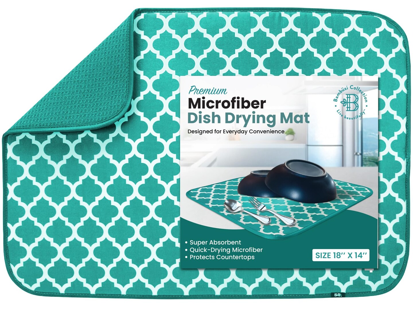 Dish Drying Mat - Microfiber Kitchen Counter Mat, Super Absorbent & Quick Dry Dish Drying Pad for Dishes, Utensils, Pots & Pans - Large Reversible Drying Mat for Kitchen Countertops, Coffee Bar, Green