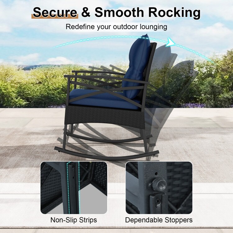 Rattan Rocking Chairs Set of 3 with 2-Tier Side Table for Backyard Patio