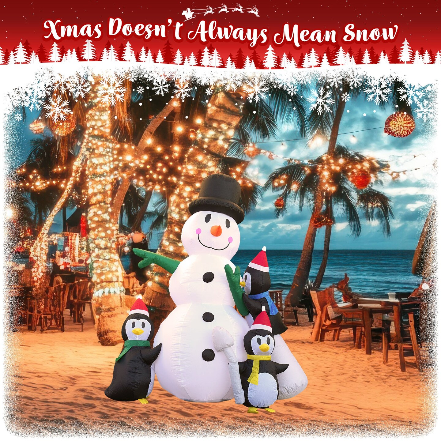 G128 8 ft H Snowman with Three Penguins Christmas Inflatable Decor with LED Lights, Christmas Outdoor Holiday Yard Decoration, Fast Inflate, Weather-Resistant, Outdoor Use