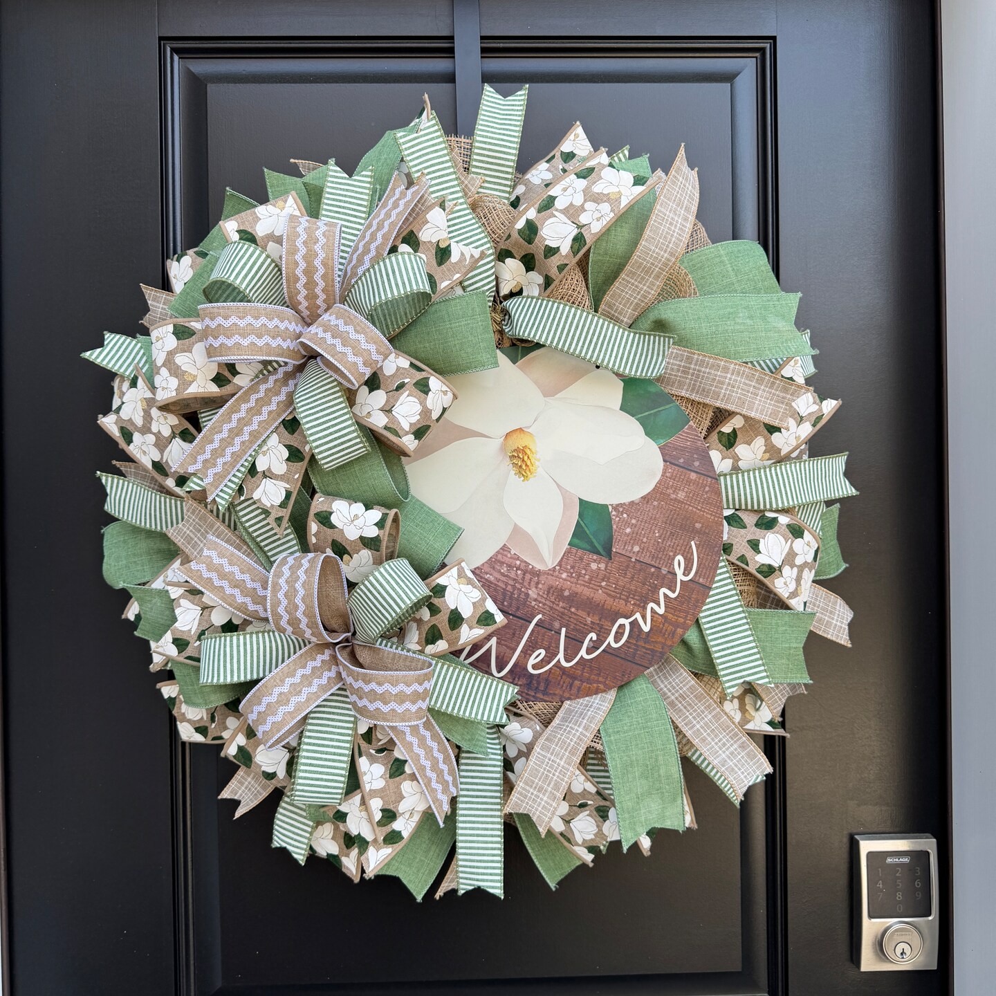 Magnolia Welcome Wreath: Neutral Green Tan Burlap Door Decor
