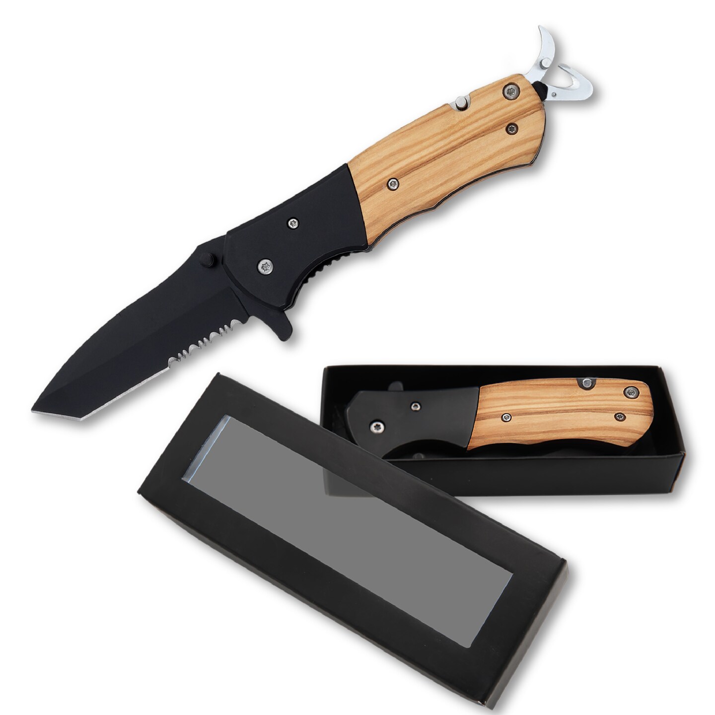 Makerflo Beast Wooden Pocket Knife, Tactical Spring Assisted Steel Blade, Belt Clip, Opener, Rope & Seatbelt Cutter, Glass Breaker for Hunting, Hiking, Self Defence, Gifts for Him, Natural Wood