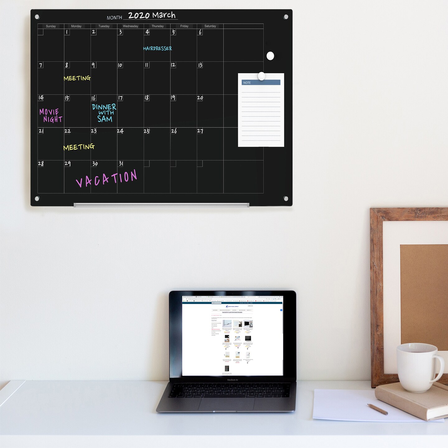Audio-Visual Direct Magnetic Black Calendar Glass Dry Erase Board Set - Monthly Planner