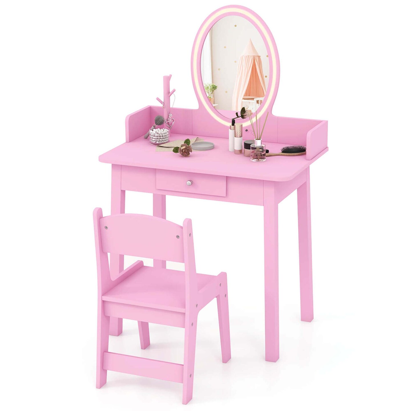 Costway Kids Vanity Set with Lighted Mirror Chair 2-Color LED Lighting for Girls Makeup White/Pink