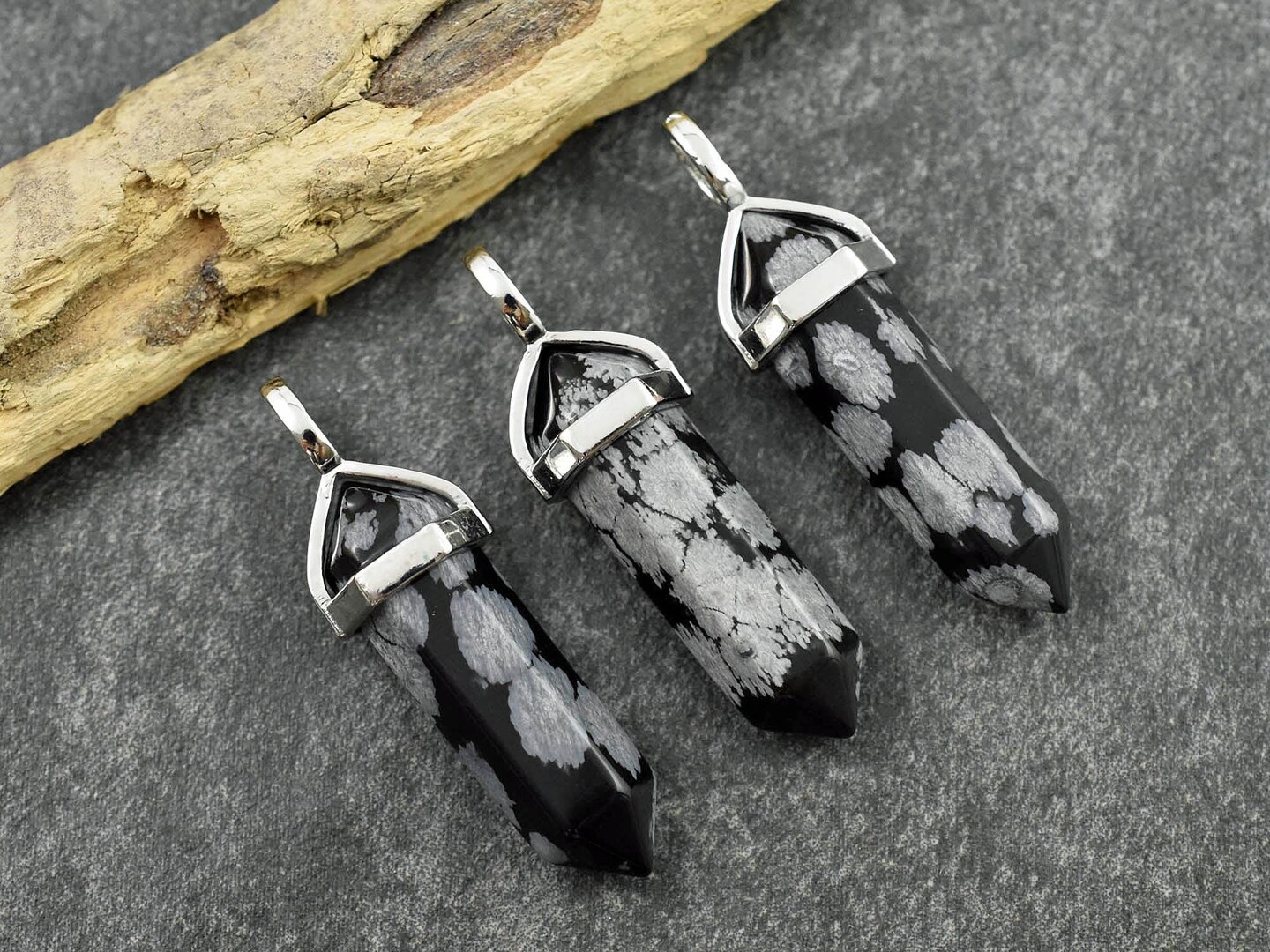 40mm Platinum Tone Natural Snowflake Obsidian Double Terminated Bullet Pendant