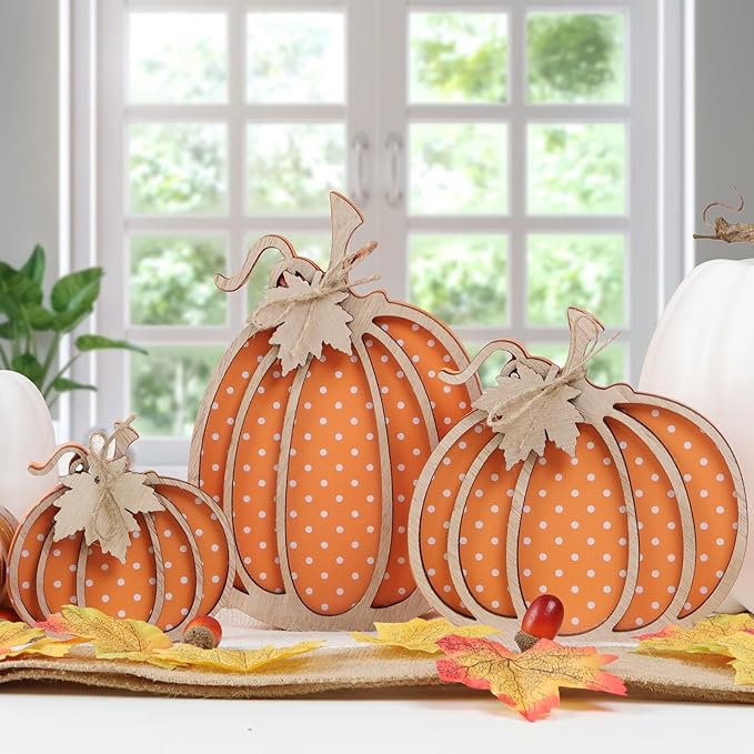Fall Decor: Wooden Autumn Pumpkin Fall Decorations for Home Shelf Mantel Table Decor Pumpkins of Three Sizes Autumn Season