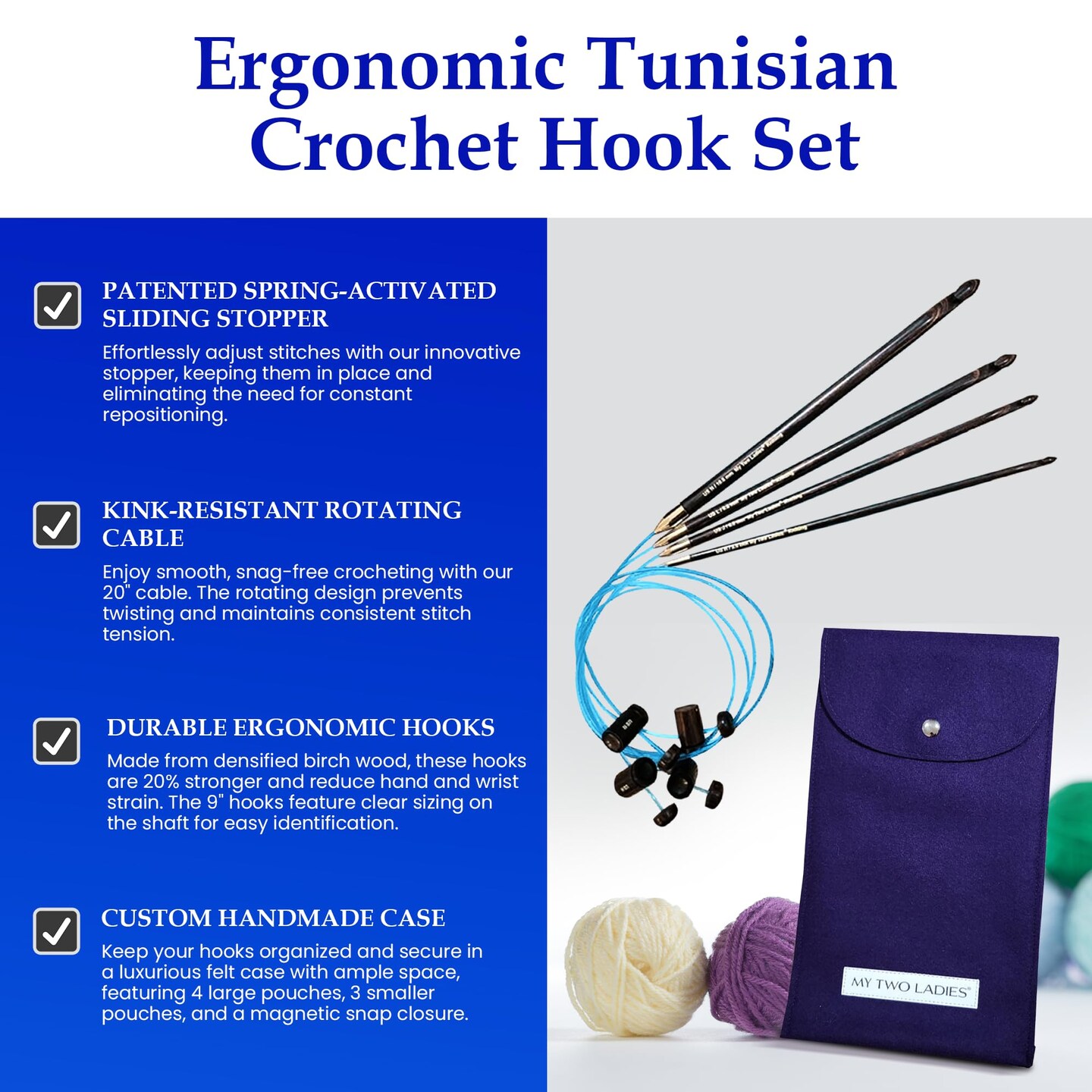 My Two Ladies | Tunisian Adjustable Crochet Hook Set | 4 SIZES | H, J, L, N | w/custom felt case