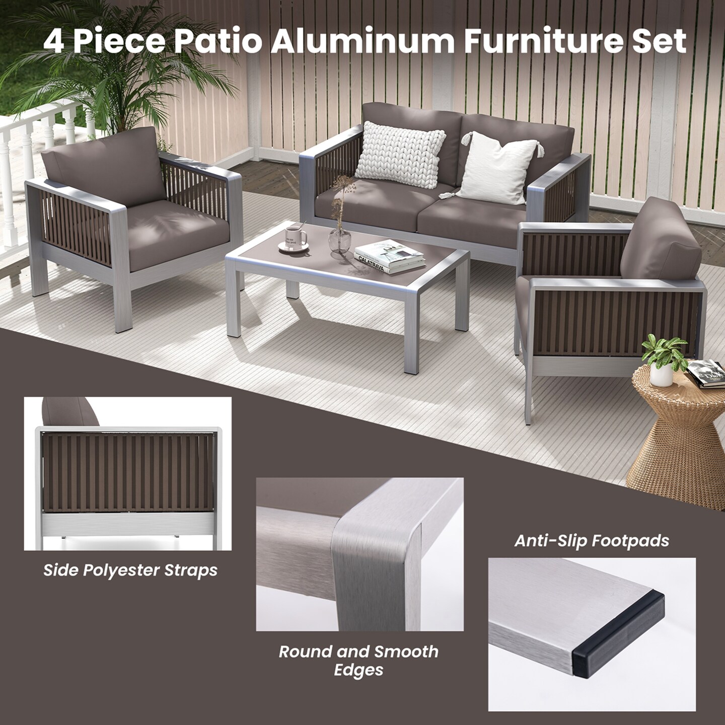 Costway 4 PCS Aluminum Patio Furniture Set with Thick Cushions &#x26; Tempered Glass Tabletop