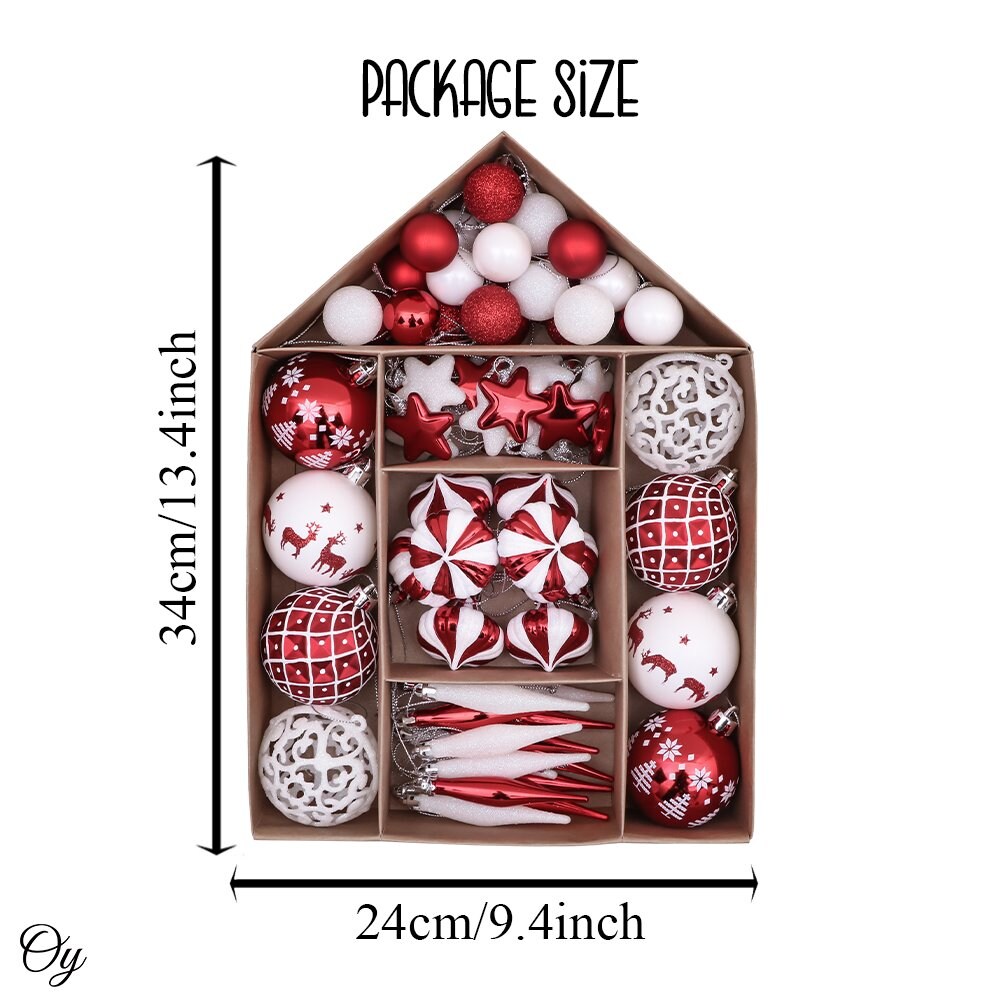 Endearing Prominent Red and White Christmas Ornament Set, Bauble Bundle with Candycane Colors and Patterns 70 Pieces