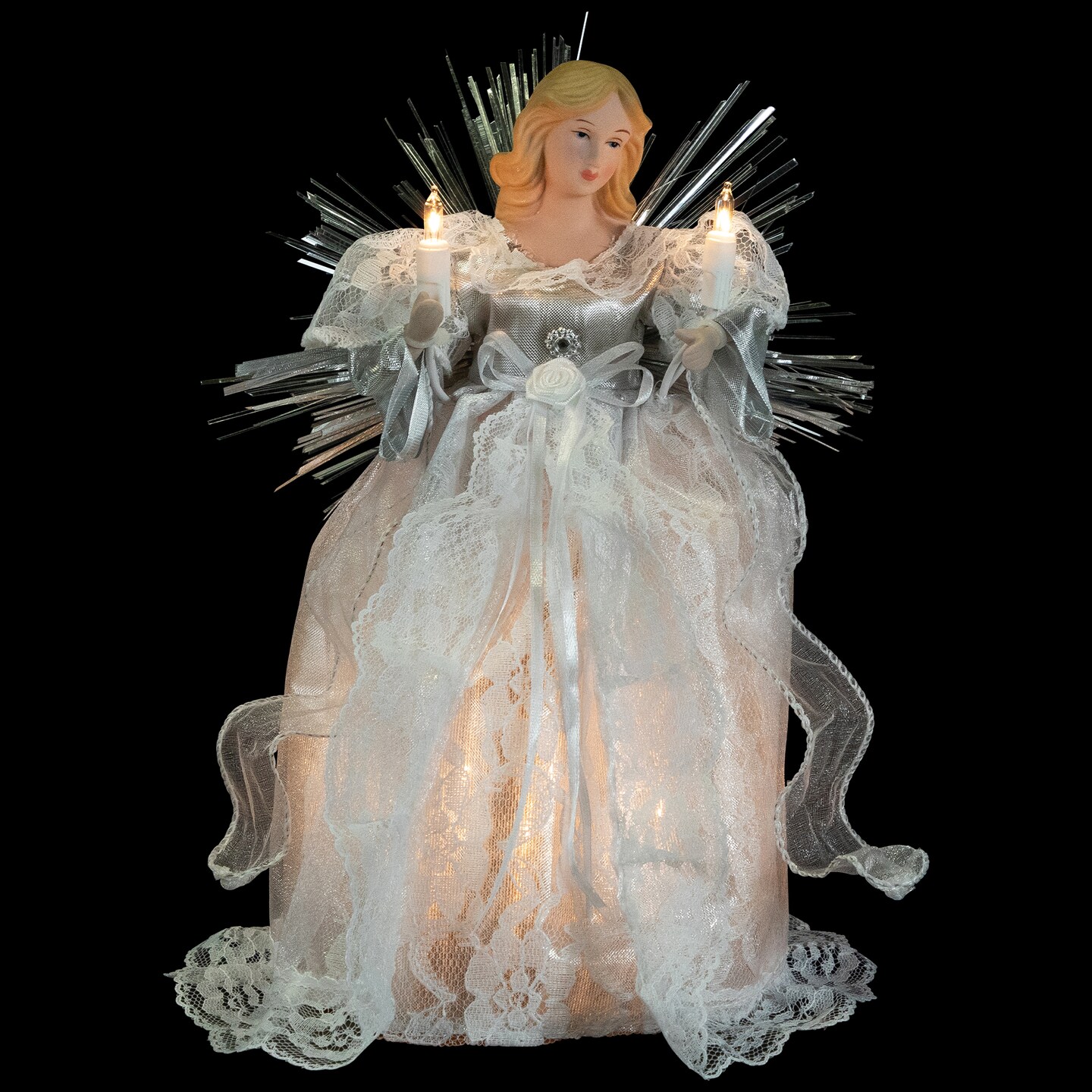 Northlight Lighted Angel with Candle Christmas Tree Topper - 10.5” - Silver - Clear Lights
