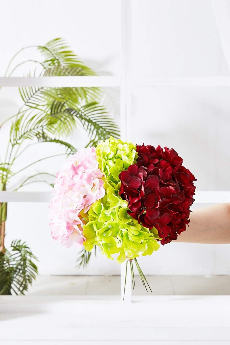 Hydrangea Silk Flower Heads with 10 Stems. Burgundy artificial hydrangea flower head for wedding centerpieces and bouquets. DIY Floral Decor: Home Decoration