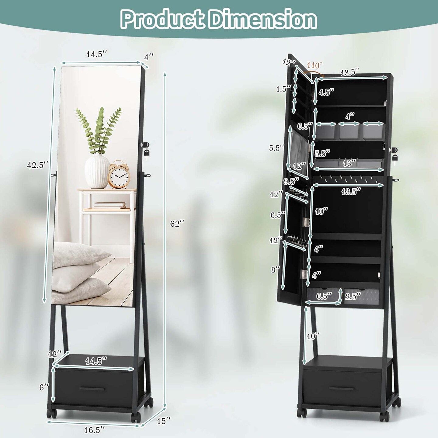 Costway Jewelry Cabinet Armoire Full Length Mirror Lockable with Bottom Drawer &#x26; Wheels White/Coffee/Black