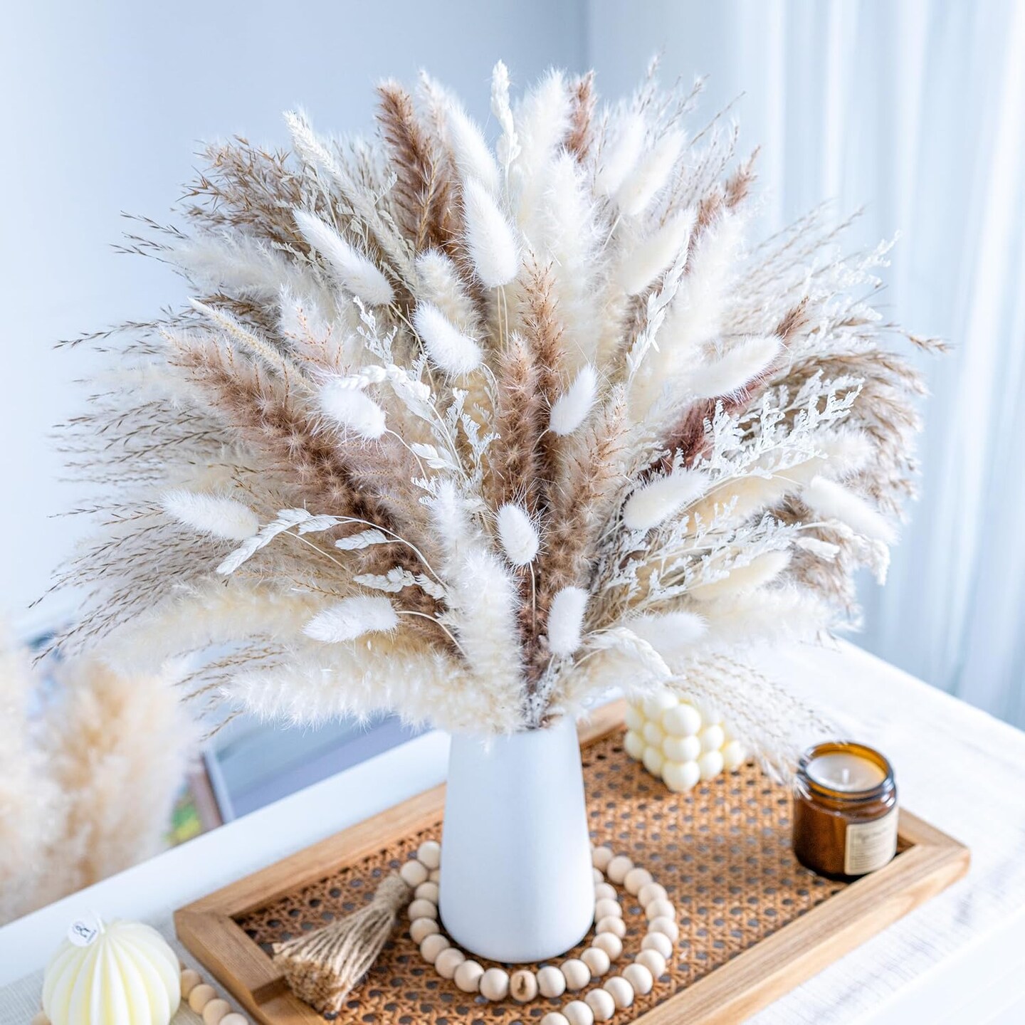 96 Piece Natural Dried Pampas Grass Boho Home Decor Bouquet Phragmites Dried Flowers Bouquet for Wedding Floral Arrangements Home Decorations (96 PCS)