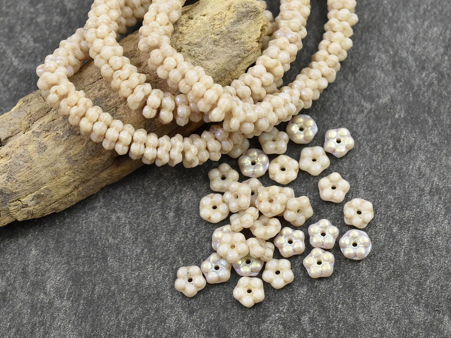 *50* 5mm Gold Washed Etched Opaque Ivory AB Forget Me Not Daisy Flower Spacer Beads