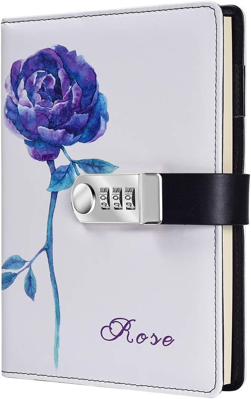 Password Lock Diary, A5 PU Leather Diary with Combination Lock Password Journal Locking Student Diary (Blue Rose)