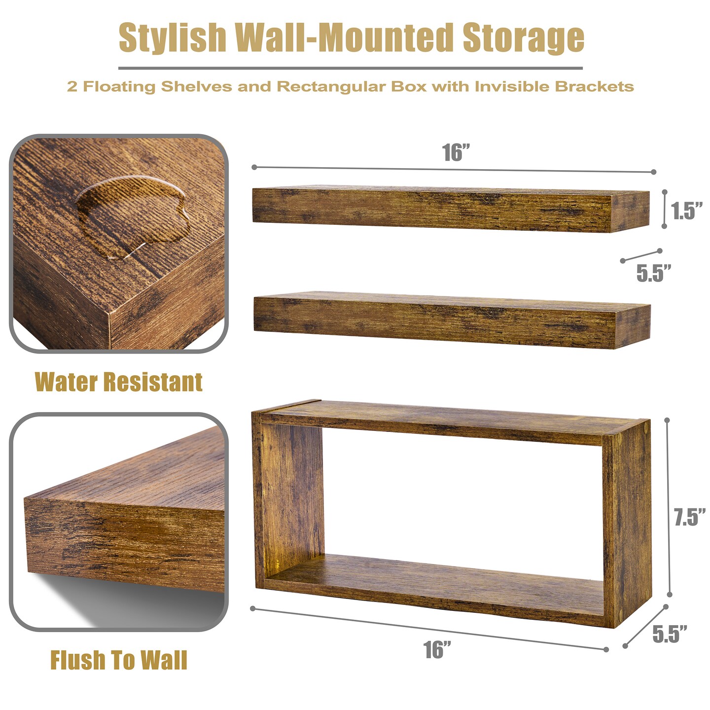 Sorbus Floating Shelves for Wall Set of 3 - Bathroom Shelves for Wall Storage, Over Toilet, Bedroom, Farmhouse, Wall Decor - 2 Floating Shelves with Invisible Brackets &#x26; 1 Rectangular Box