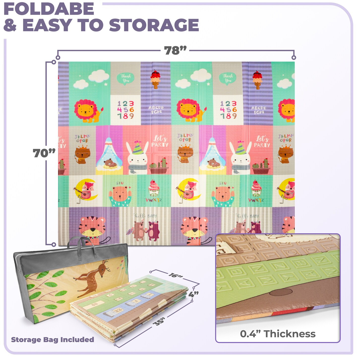 Sorbus Foldable Baby Play Mat, Kids Foam Mats for Floor with Travel Bag - Waterproof Foldable Play Mats (Safari Party)