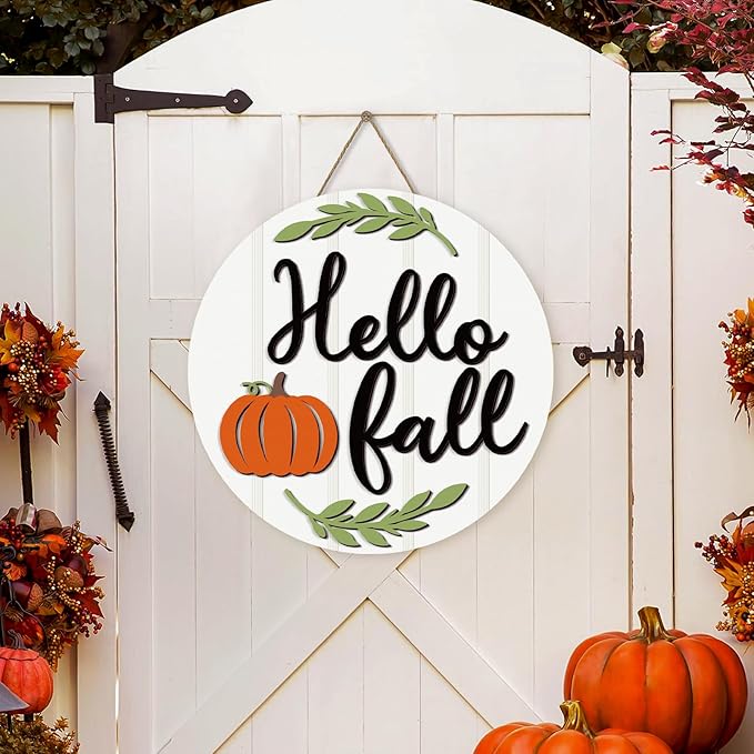 Hello Fall Decorations for Home - Fall Door Sign Pumpkin Wreath Hanger Decor Wall Door Decor for Indoor Outdoor Front Door Porch Farmhouse Turkey Wall Decorations