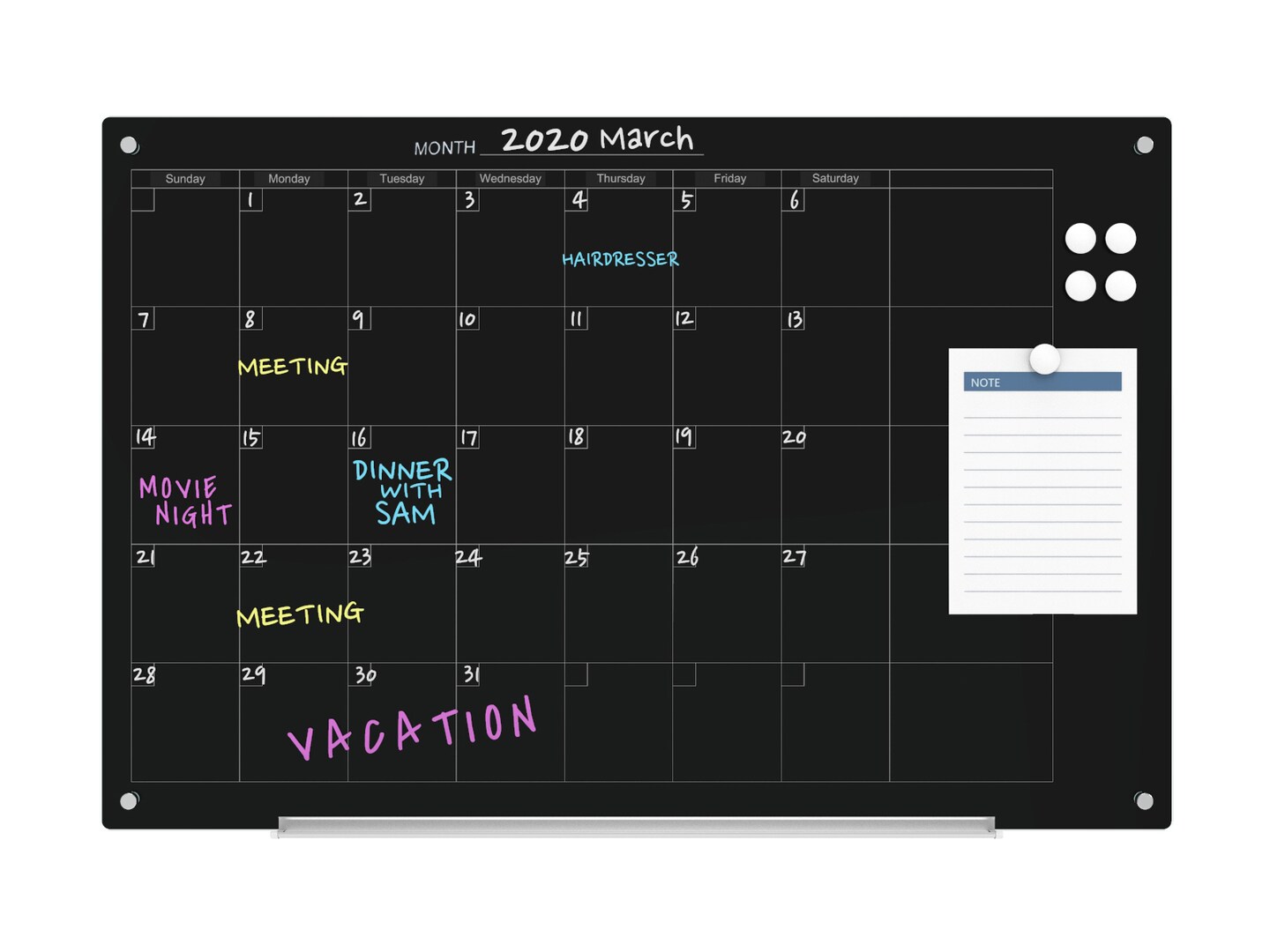Audio-Visual Direct Magnetic Black Calendar Glass Dry Erase Board Set - Monthly Planner