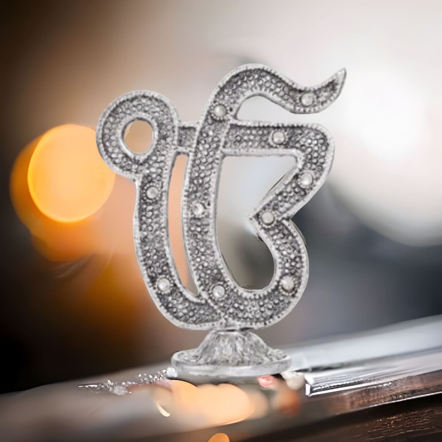 Silver Coated Ek Onkar Symbol Ik Onkar Stand Sikh Home Decor Punjabi Wedding Gifts Sikhism Religion Gift Symbol Studded Statue for Car Dashboard Housewarming Gift