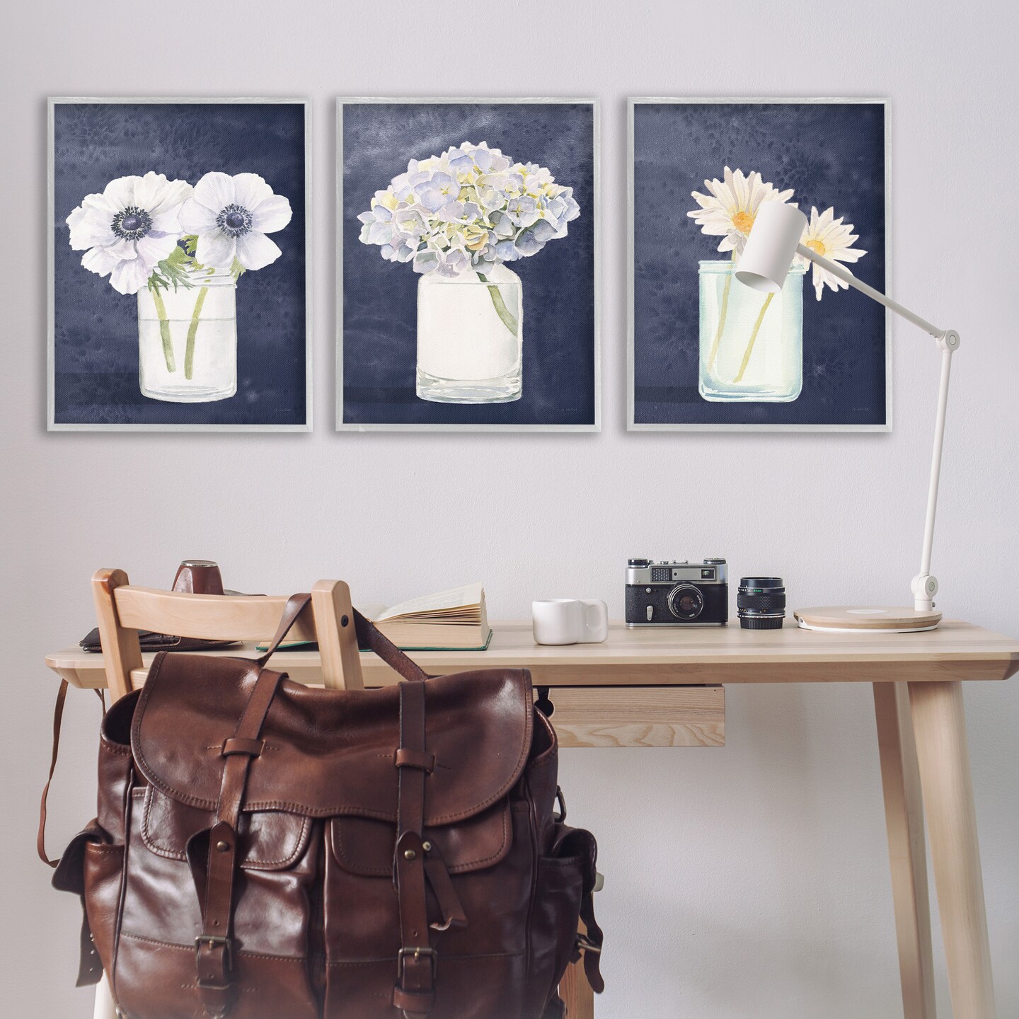 Stupell Industries Navy Blue Flower Bouquets Framed Giclee Art