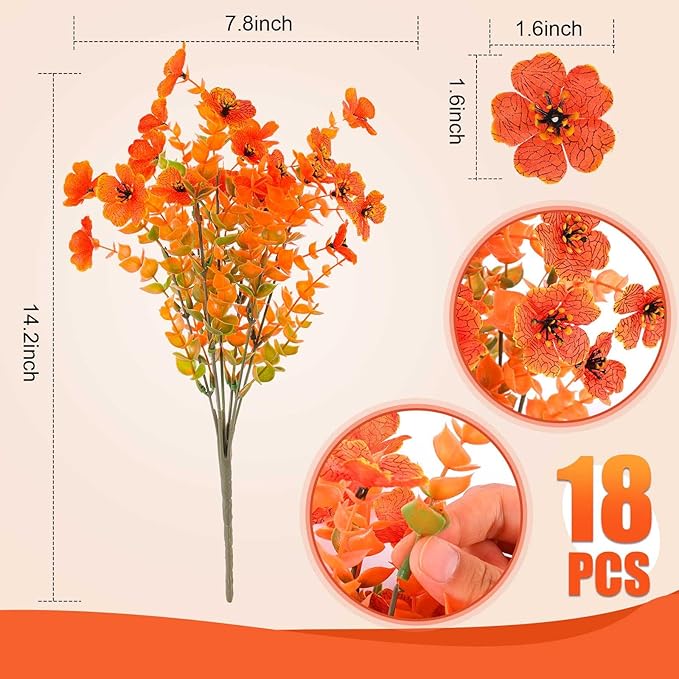 18 Pieces Artificial Mums Flowers Fake Outdoor Violet Flowers Plastic Eucalyptus Fall Flowers for Porch Window Box Farmhouse Thanksgiving Autumn Home Decor (18, Orange).