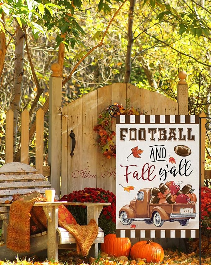 Welcome to Thanksgiving. Fall Garden Flags for Outside Decorations: FOOTBALL and Fall Y&#x27;all Truck with Maple Leaves. Small Yard Flag, Harvest Autumn Seasonal Farmhouse Holiday Outdoor Decor 12x18 inches