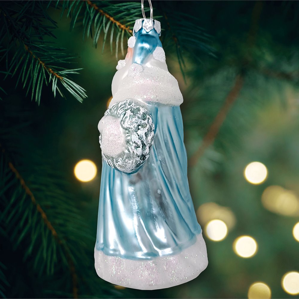 Arctic Whispers Santa Glass Christmas Ornament, Snowy Winter Theme with Light Blue Robe