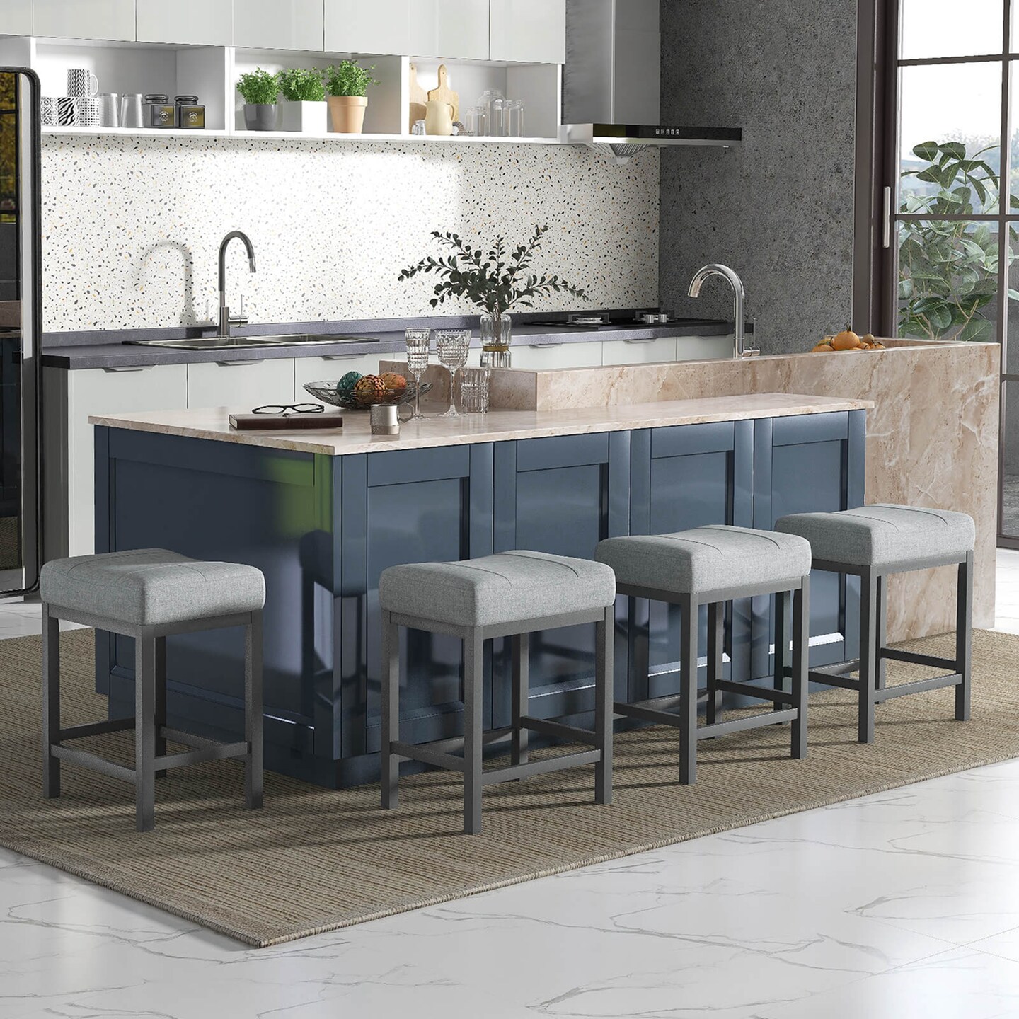 Costway 24.5&#x22; Bar Stool Set of 4 with Solid Rubber Wood Frame Humanized Footrest Kitchen White/Gray