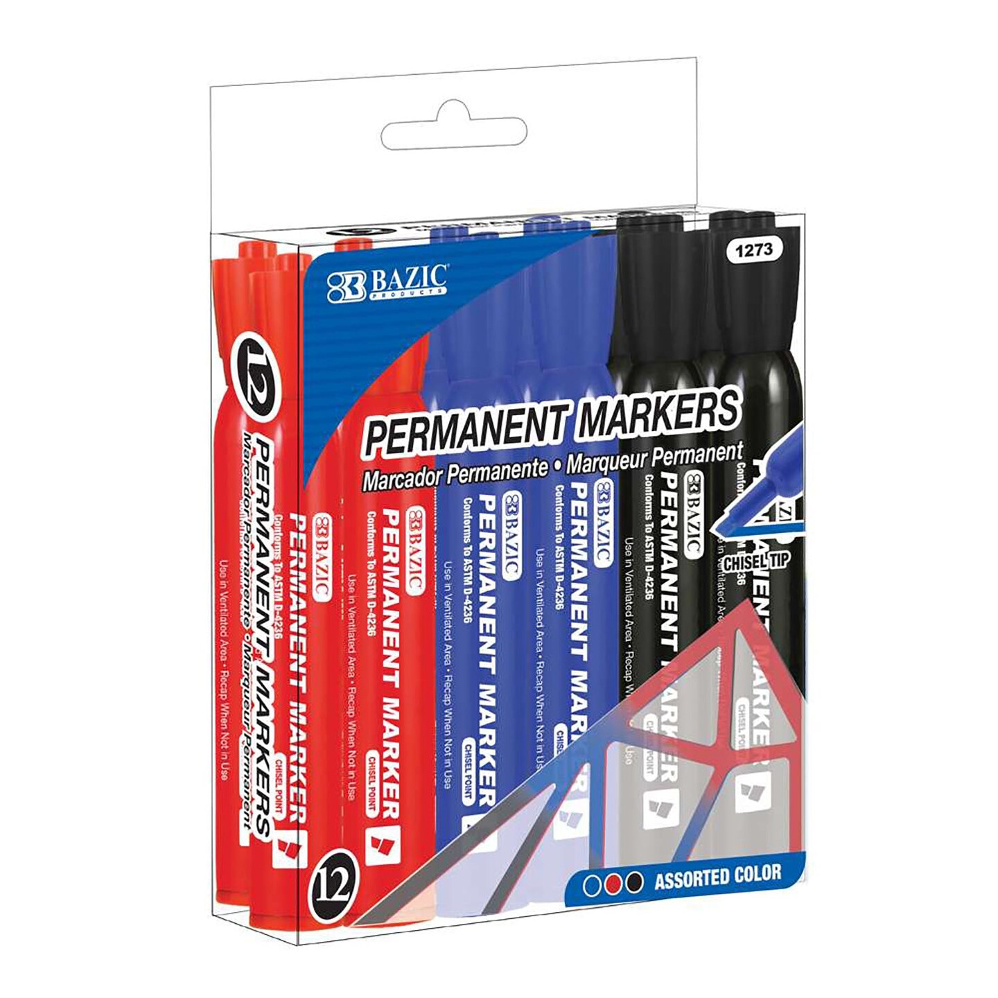 Permanent Markers, Desk Style, Chisel Tip, Assorted Colors, 12 Per Box, 3 Boxes