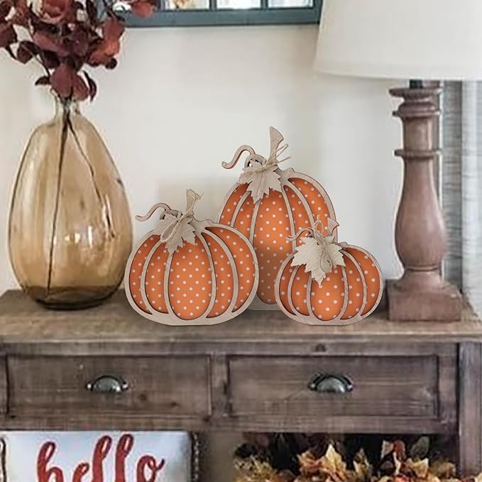 Fall Decor: Wooden Autumn Pumpkin Fall Decorations for Home Shelf Mantel Table Decor Pumpkins of Three Sizes Autumn Season