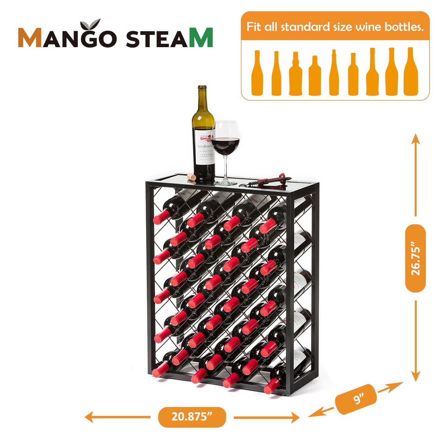 Mango Steam 32 Bottle Wine Rack with Black Glass Top Shelf