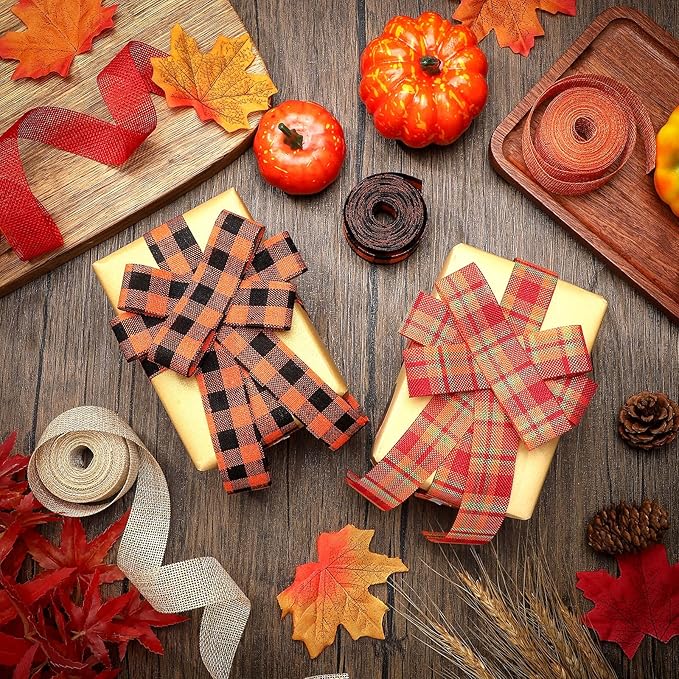 5 Rolls 30 Yards Plaid Burlap Ribbon Rolls 1 Inch Fall Wired Wrapping Ribbon Thanksgiving Wired Edge Ribbon Autumn Decorative Ribbon for the Harvest Thanksgiving Wreath Decoration