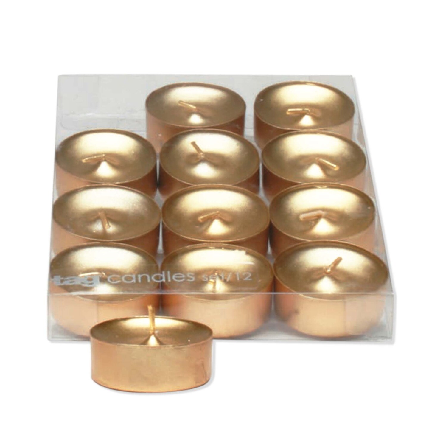 Shimmer Metallic Gold Colored Tealight Unscented Candles, Set Of 12