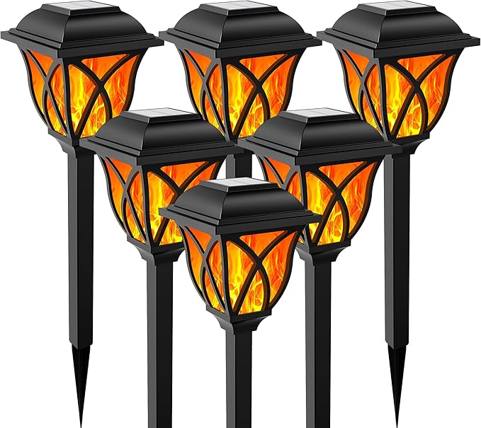 Solar Garden Lights Outdoor Waterproof, 6 Pack Fall Decor Flickering Flame LED Lights, Outdoor Decor for Porch, Garden, Pool, Camp, Path, Yard, Patio, Balcony, and Halloween