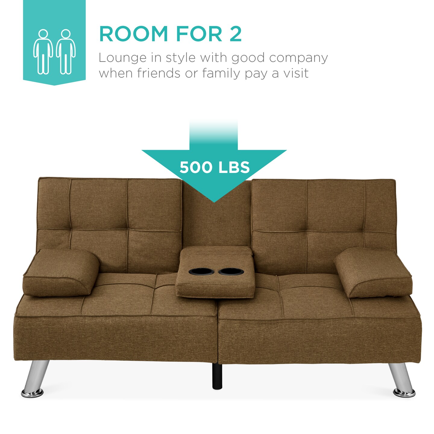 Best Choice Products Modern Linen Convertible Futon Sofa Bed w/ Removable Armrests, Metal Legs, Cupholders