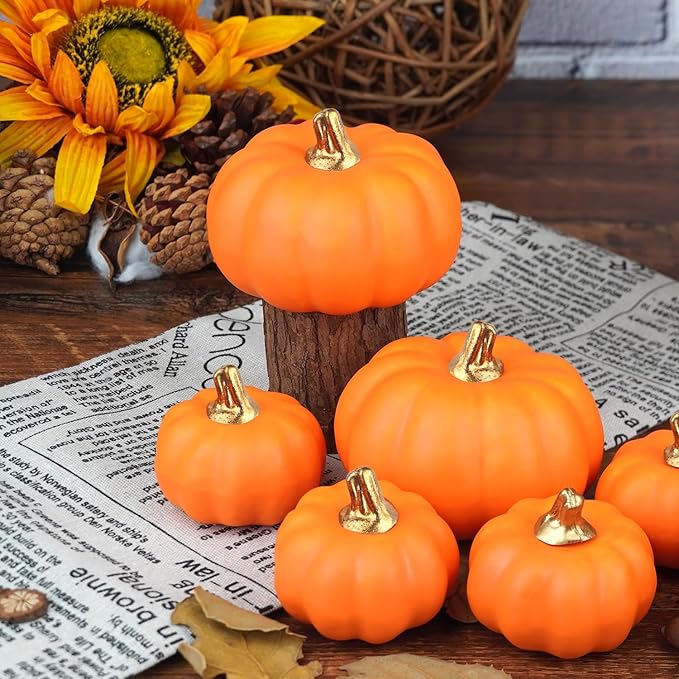 Artificial Pumpkins Bulk 12Pcs Assorted Sizes Harvest Lifelike Pumpkin Fake Foam Pumpkin for Fall Autumn Halloween Home Party Thanksgiving Party Holid