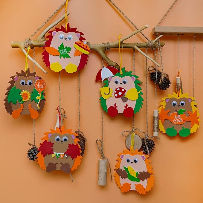 Fall Craft Kits, 24 Sets DIY Fall Hedgehog Ornaments and Decorations Art Sets Autumn Maple Leaf Pumpkin Foam Stickers. Googly eyes for kids. Thanksgiving Halloween Classroom Activities Party Favors
