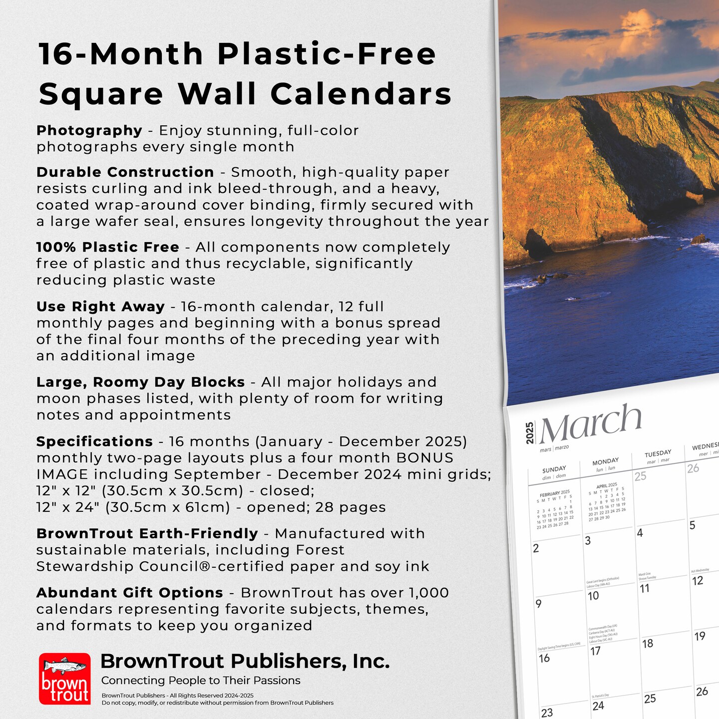 California National Parks | 2025 12 x 24 Inch Monthly Square Wall Calendar | Plastic-Free | BrownTrout | USA United States of America Pacific West State Nature