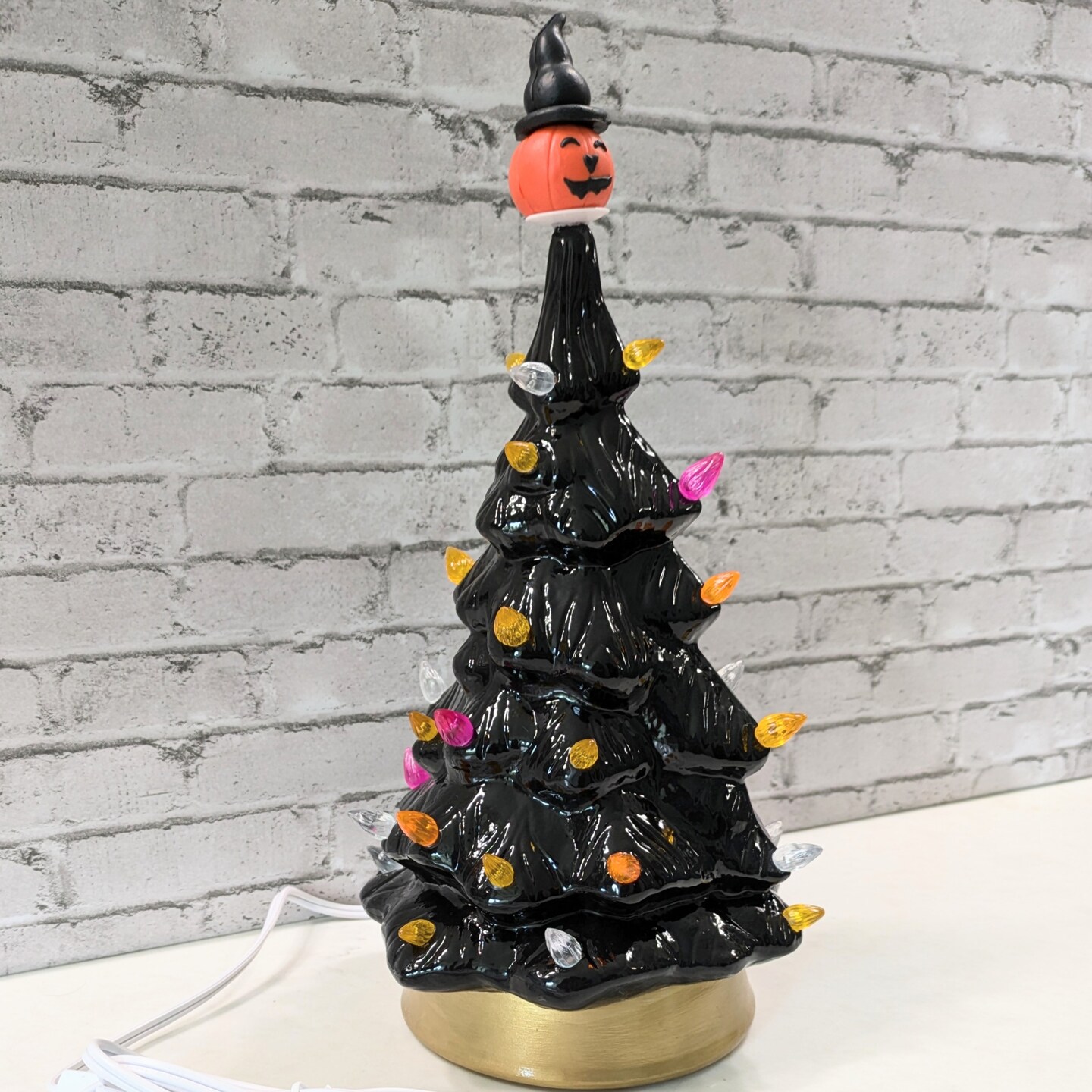 Black Ceramic Lighted Halloween Tree with Pumpkin Topper
