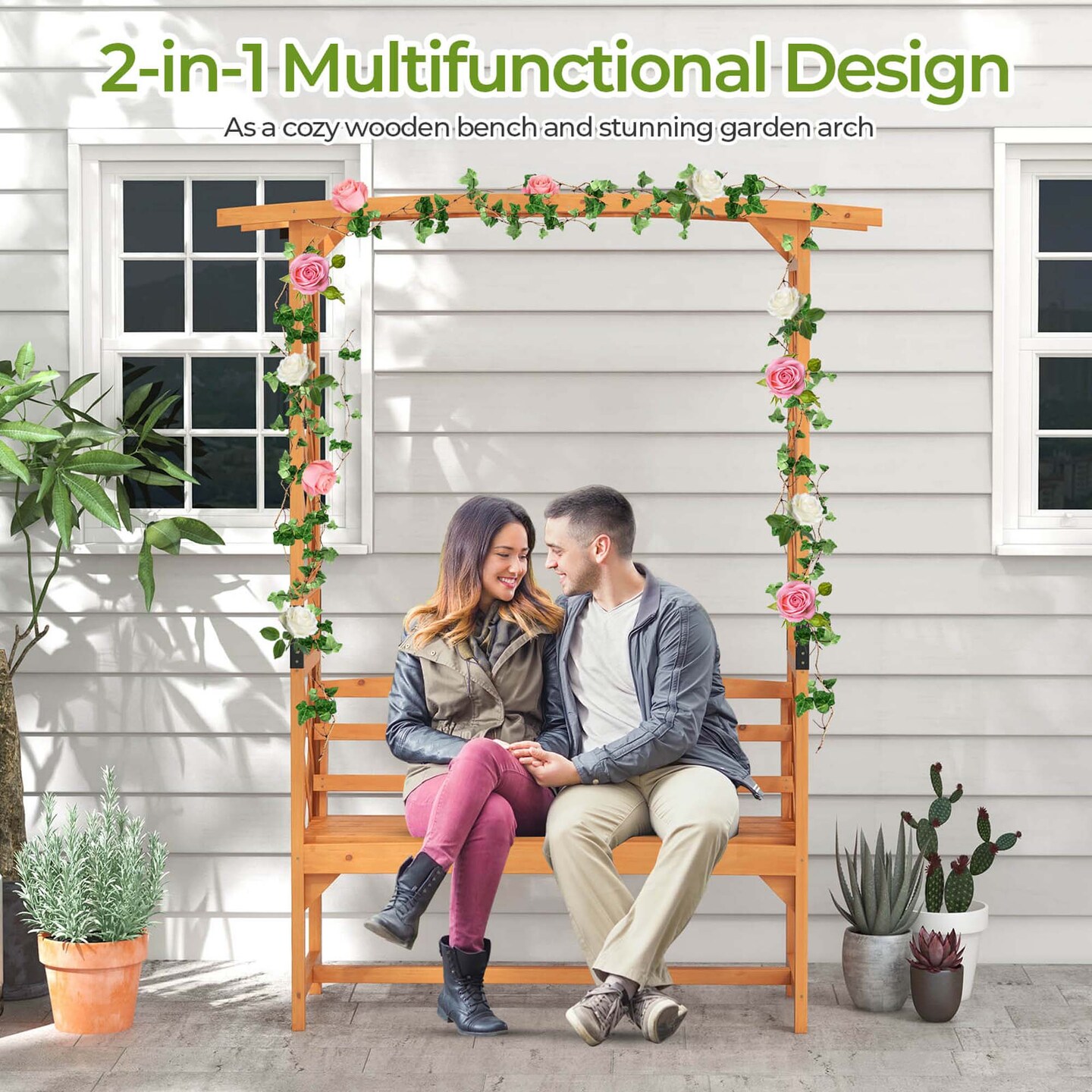 Costway 6.5 FT Tall Patio Garden Arbor with Pergola 2-Seat Bench Trellis for Climbing Plant